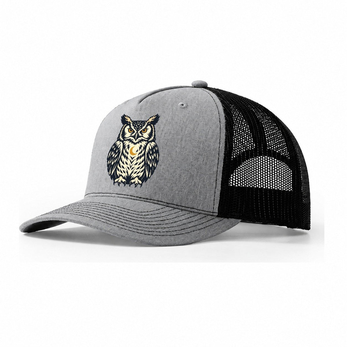 Owl Hourglass Eyes Sundown Familiars Trucker Hat – Sport Grey Black