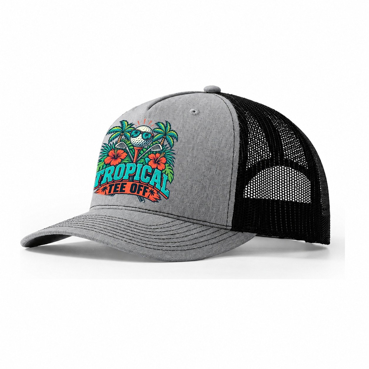 Tropical Tee Off Golf Life Trucker Hat – Sport Grey Black
