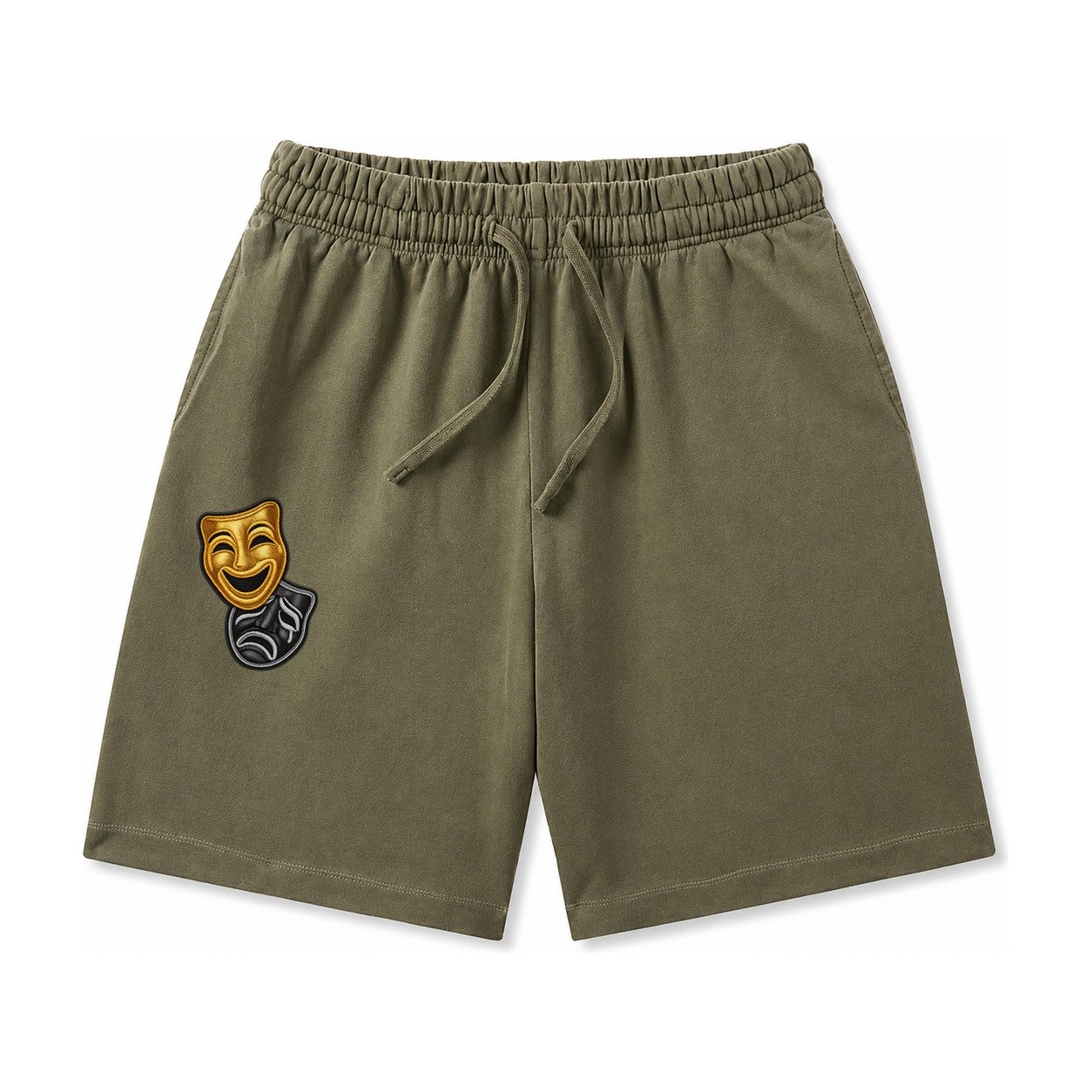 Broadway Masks Comedy Tragedy Masks In Gold And Black Theate Washed Shorts – Army Green
