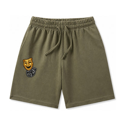 Broadway Masks Comedy Tragedy Masks In Gold And Black Theate Washed Shorts – Army Green