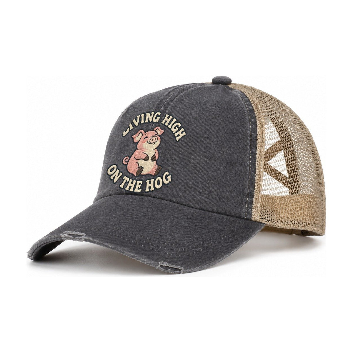 Pig Animal Puns Women's Ponytail Trucker Hat – Charcoal Khaki