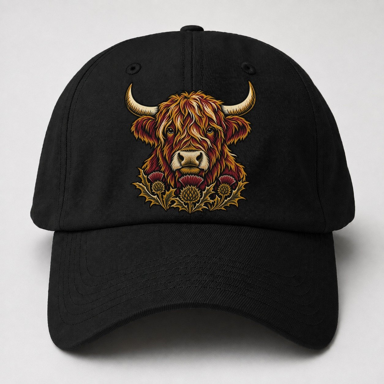 Highland Cow With Thistle Meadow Uk Culture Heritage Baseball Cap – Black