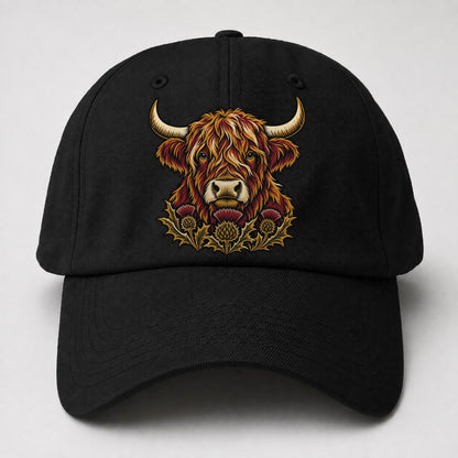 Highland Cow With Thistle Meadow Uk Culture Heritage Baseball Cap – Black