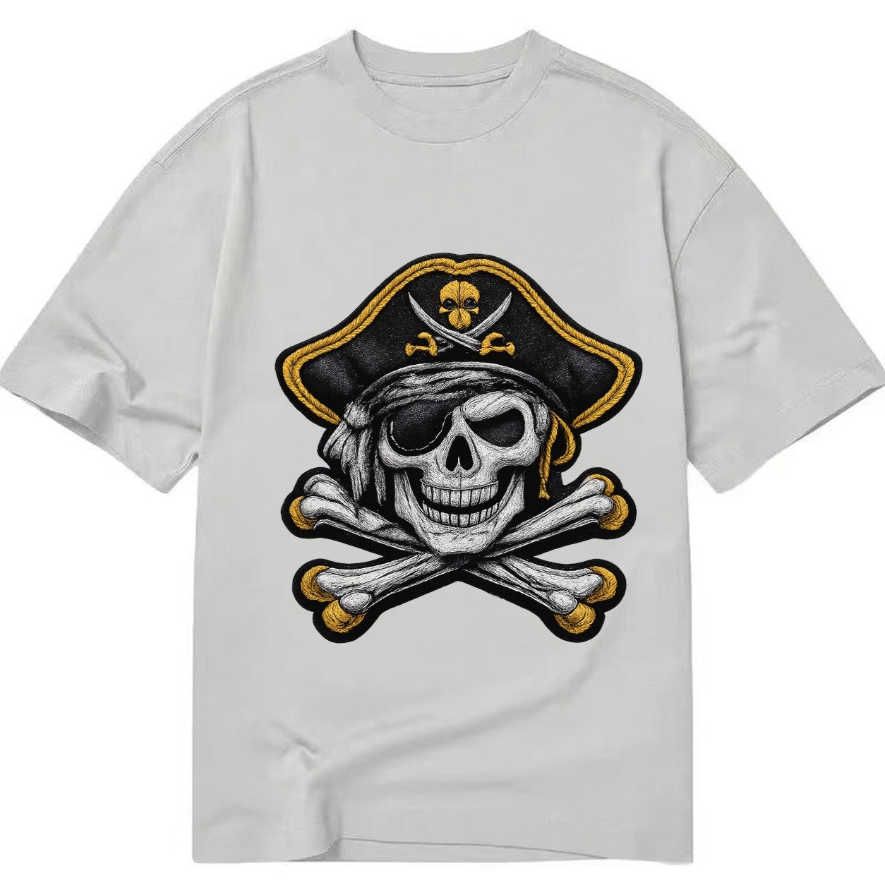 Embroidered Patch Design Pirate Skull Jolly Roger Skull In B Classic T-shirt – Grey