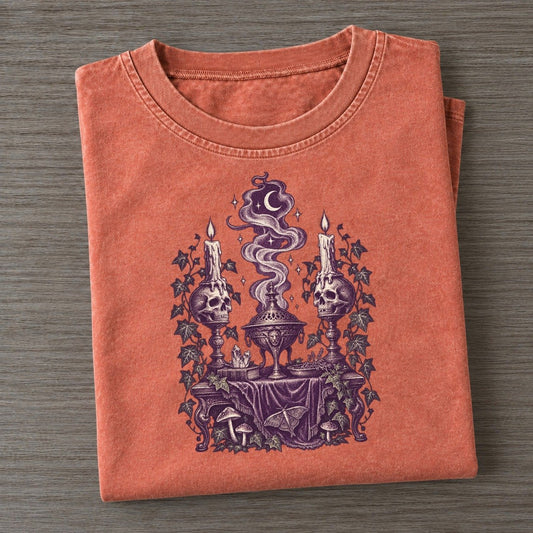 Skull Candleholders Incense Midnight Haunt Vintage T-shirt – Terracotta