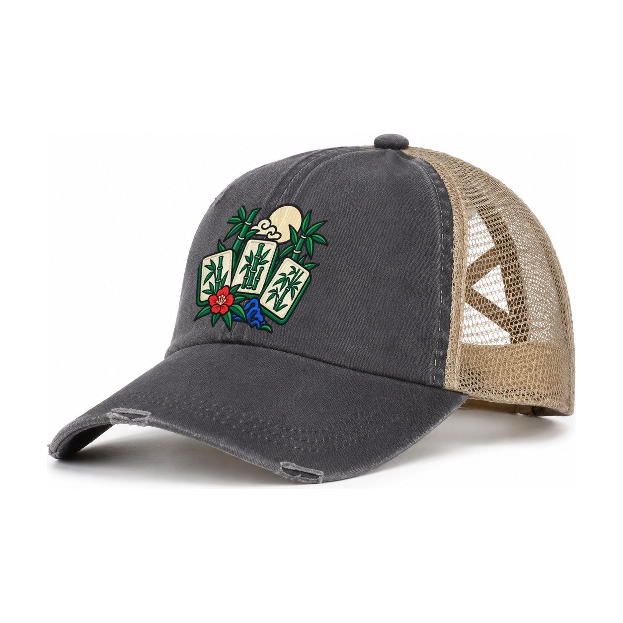 Bamboo Garden Mahjong Game Night Women's Ponytail Trucker Hat – Charcoal Khaki