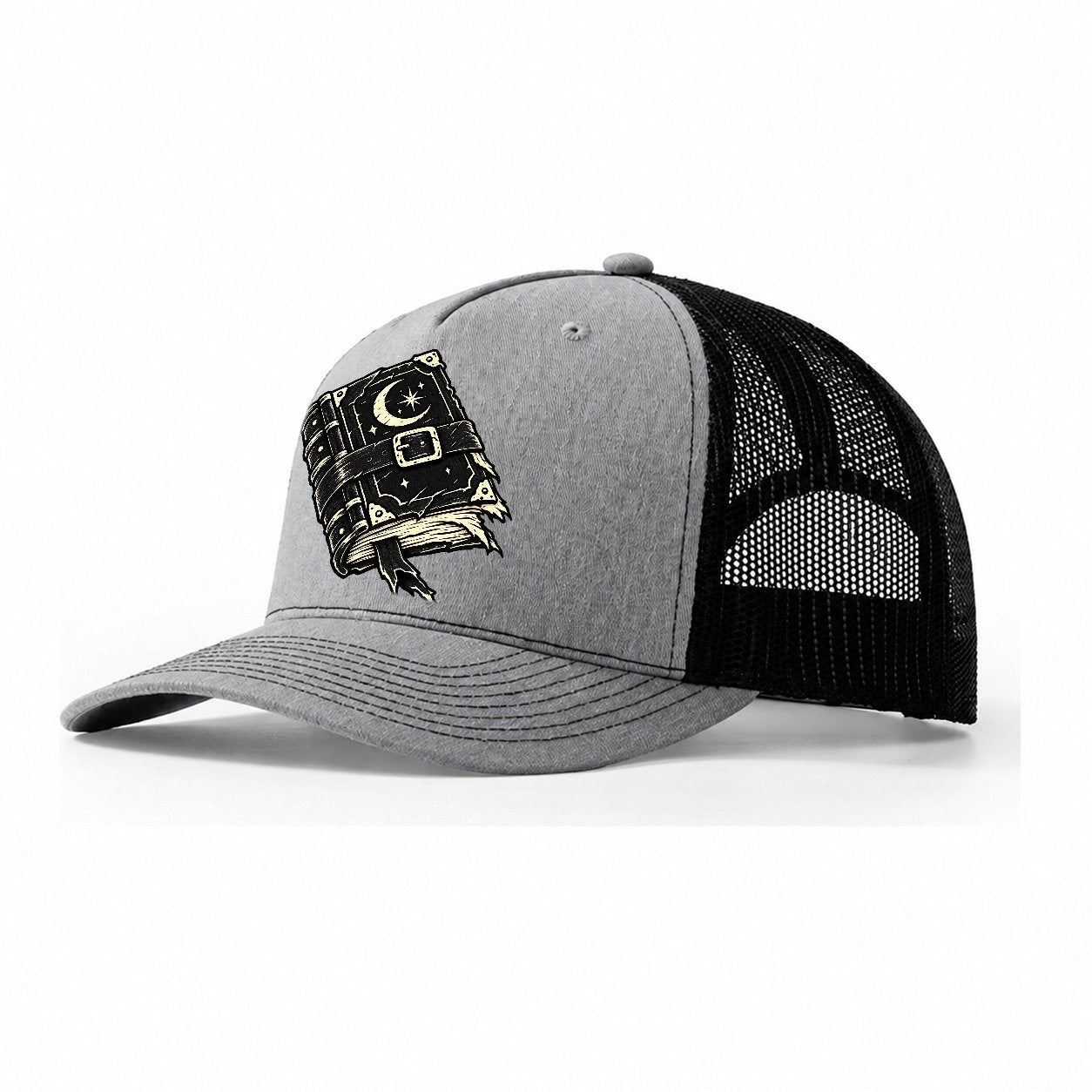 Clasped Spellbook Witch Magic Trucker Hat – Sport Grey Black