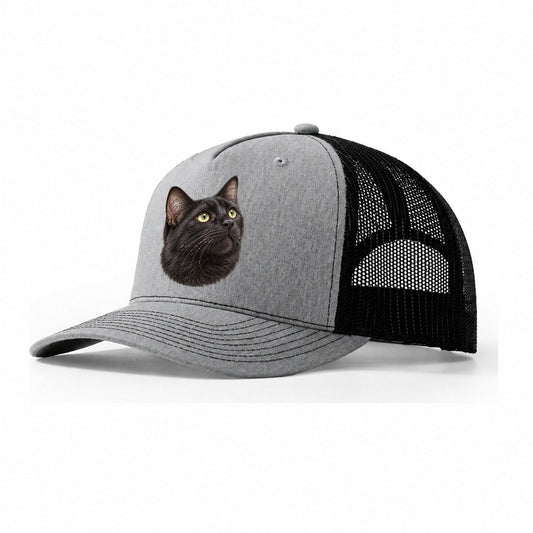 Black Cat Upturned Whiskers Pastimes Companions Trucker Hat – Sport Grey Black