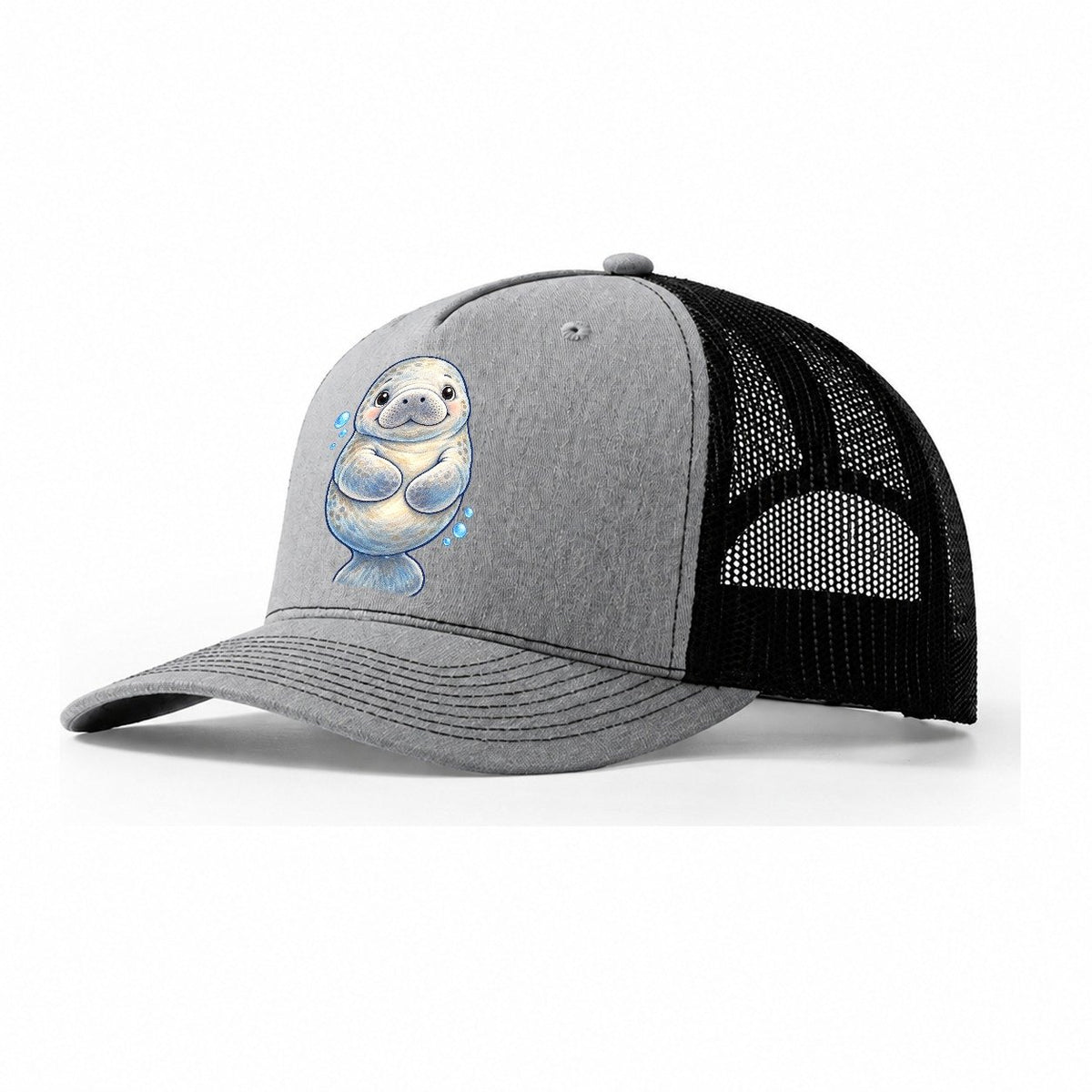 Manatee Front Flipper Hug Sea Sprite Trucker Hat – Sport Grey Black