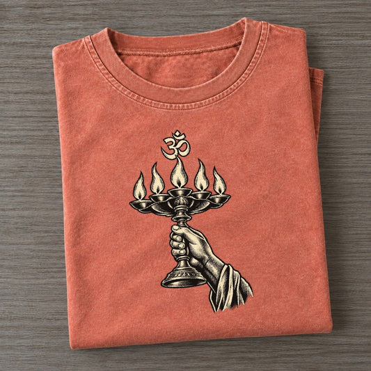 Hindu Aarti Lamp World Faiths Ink Figures Vintage T-shirt – Terracotta