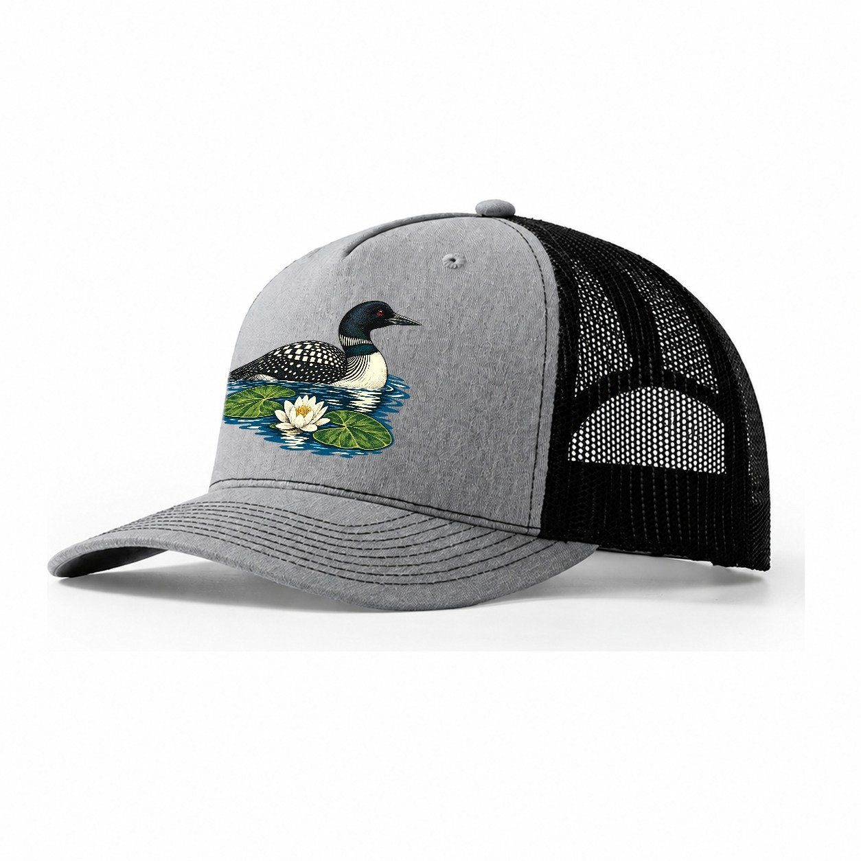 Common Loon And Water Lilies Canada Cultural Icons Trucker Hat – Sport Grey Black