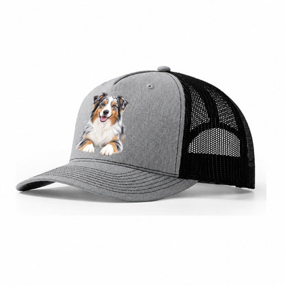 Australian Shepherd Sitting Top Breeds Trucker Hat – Sport Grey Black