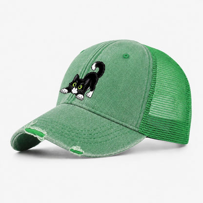 Tuxedo Cat Stretching Peeking Cats Washed Trucker Hat – Ink Green