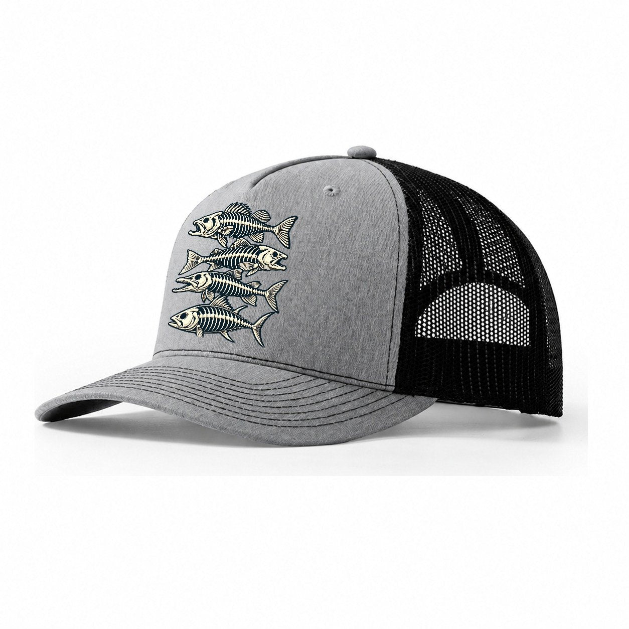 Fish Skeleton Minimal Fishing Elegant Trucker Hat – Sport Grey Black
