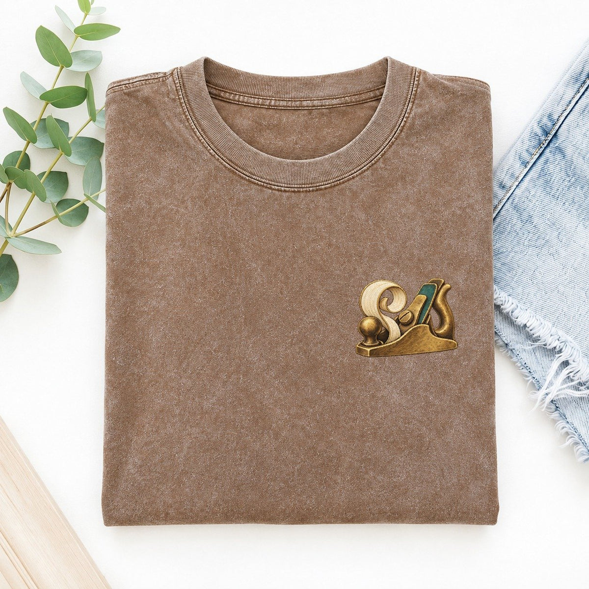Wood Plane Shaving Keepsake Emblem Left Chest Vintage T-shirt – Brown