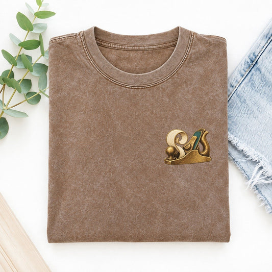 Wood Plane Shaving Keepsake Emblem Left Chest Vintage T-shirt – Brown