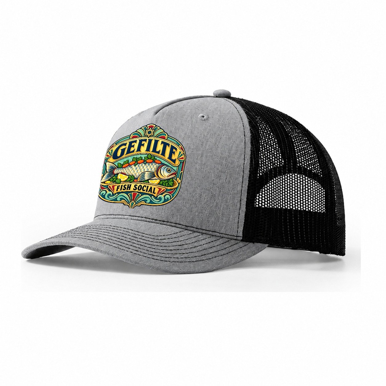Gefilte Fish Social Judaism Heritage Trucker Hat – Sport Grey Black