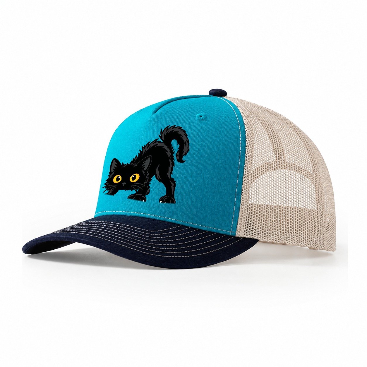 Bombay Arched Back Peeking Cats Trucker Hat – Teal Navy