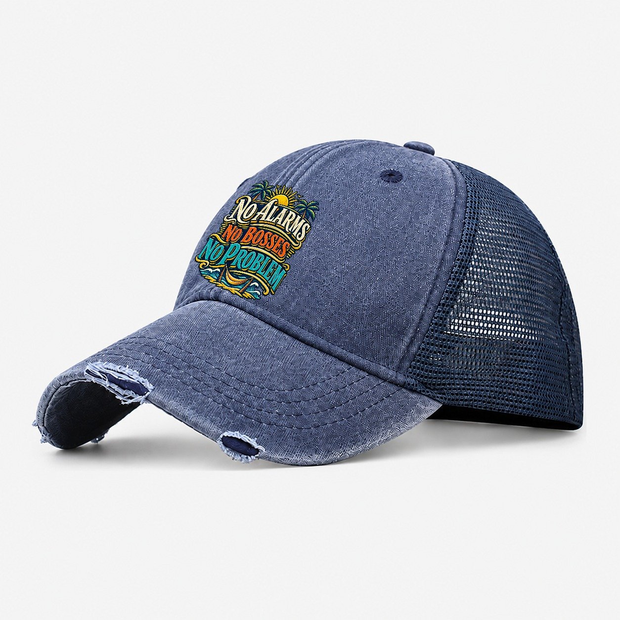 No Alarms No Bosses No Problem Retired Living Washed Trucker Hat – Navy