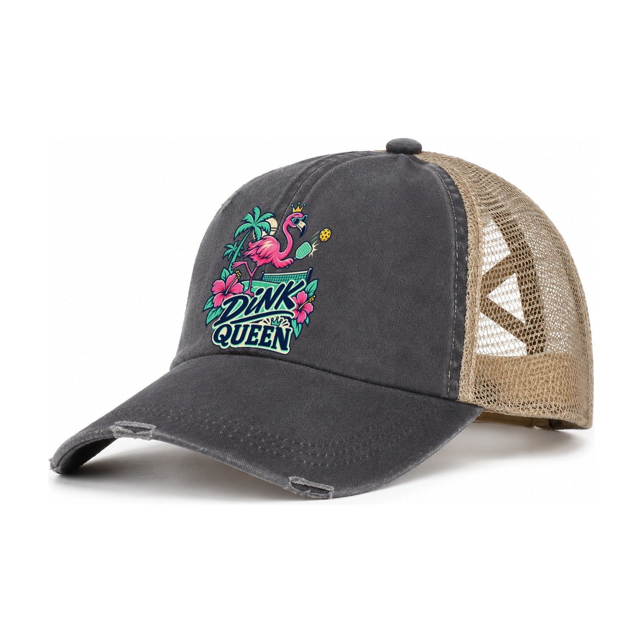 Flamingo Dink Queen Pickleball Life Women's Ponytail Trucker Hat – Charcoal Khaki