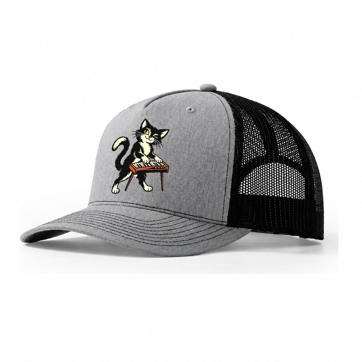 Black Cat Night Pianist Sundown Familiars Trucker Hat – Sport Grey Black