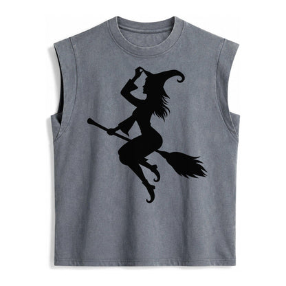 202308151409 Witch On Broom 4 Vintage Washed Tank – Grey