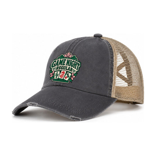 Game Night Regular Mahjong Game Night Women's Ponytail Trucker Hat – Charcoal Khaki