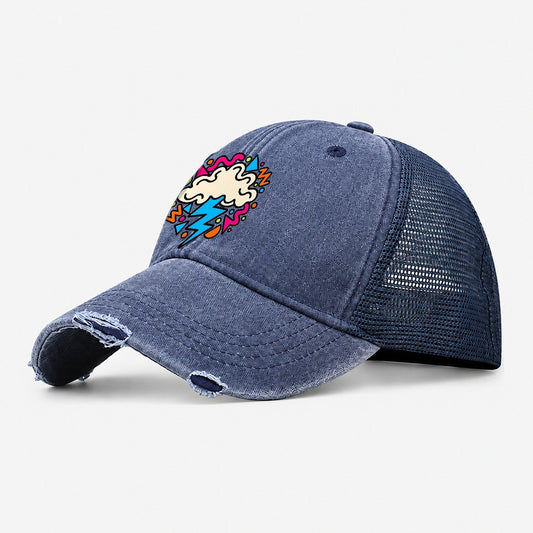 Squiggle Lightning Cloud Crazy Styles Washed Trucker Hat – Navy