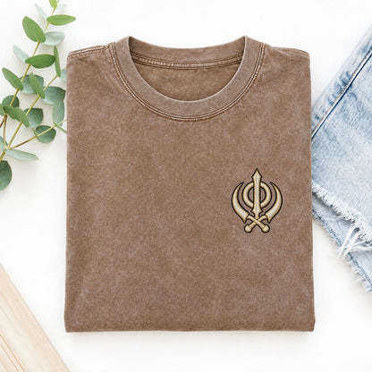 Khanda Symbol Emblems Left Chest Vintage T-shirt – Brown