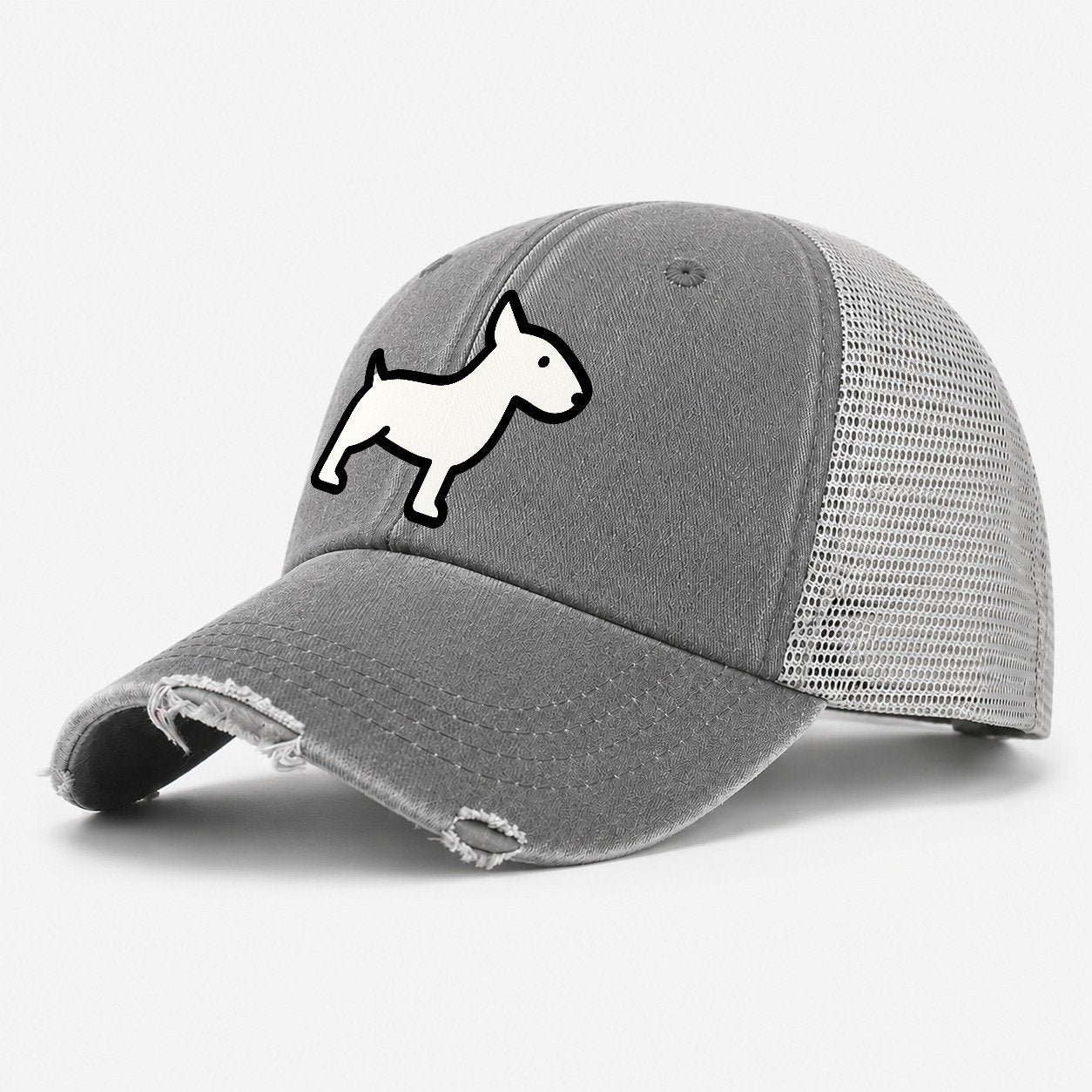 Bull Terrier White Egg Shaped Head Flat Side Profile Washed Trucker Hat – Grey