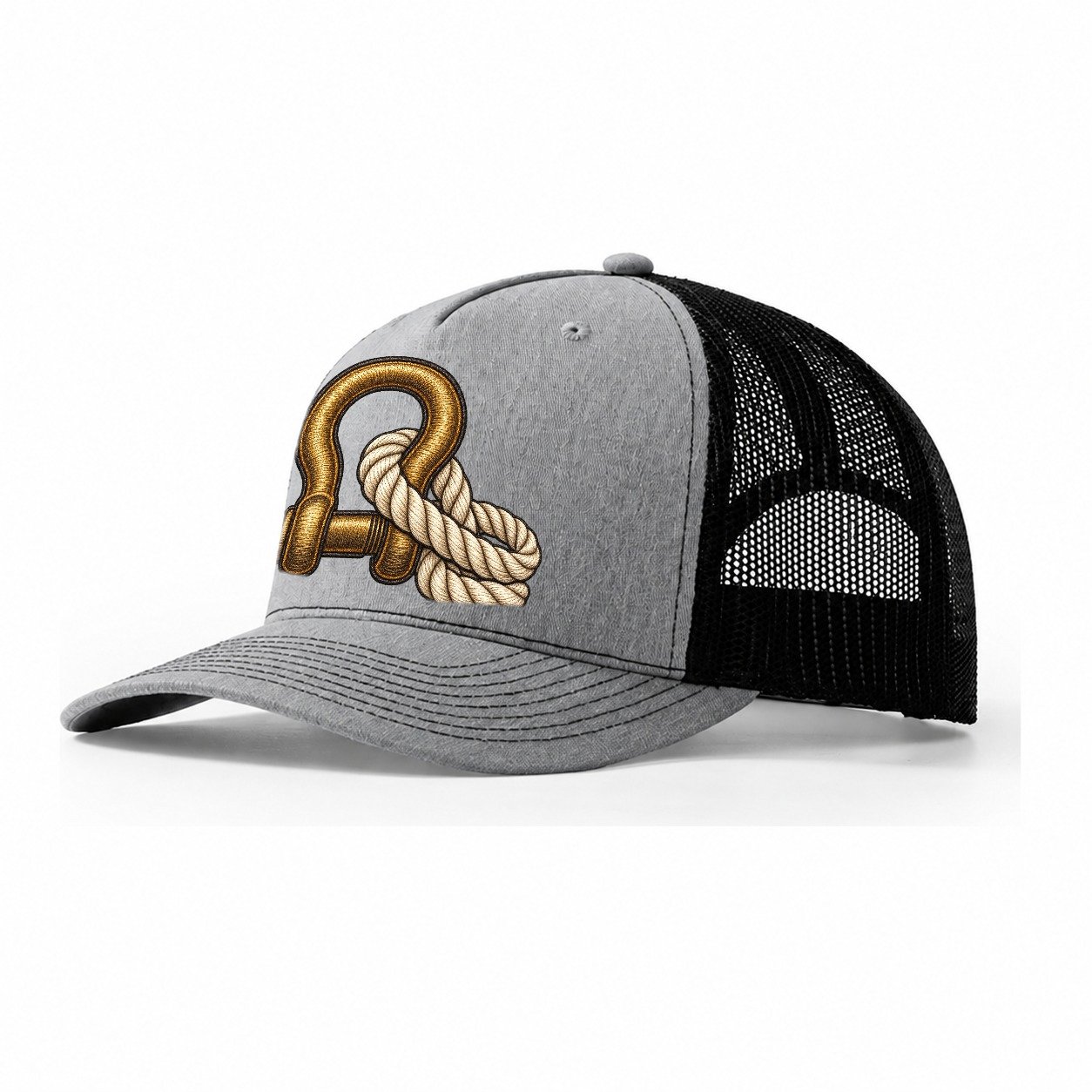 Bow Shackle And Coiled Rope Off Roading And Overlanding Trucker Hat – Sport Grey Black