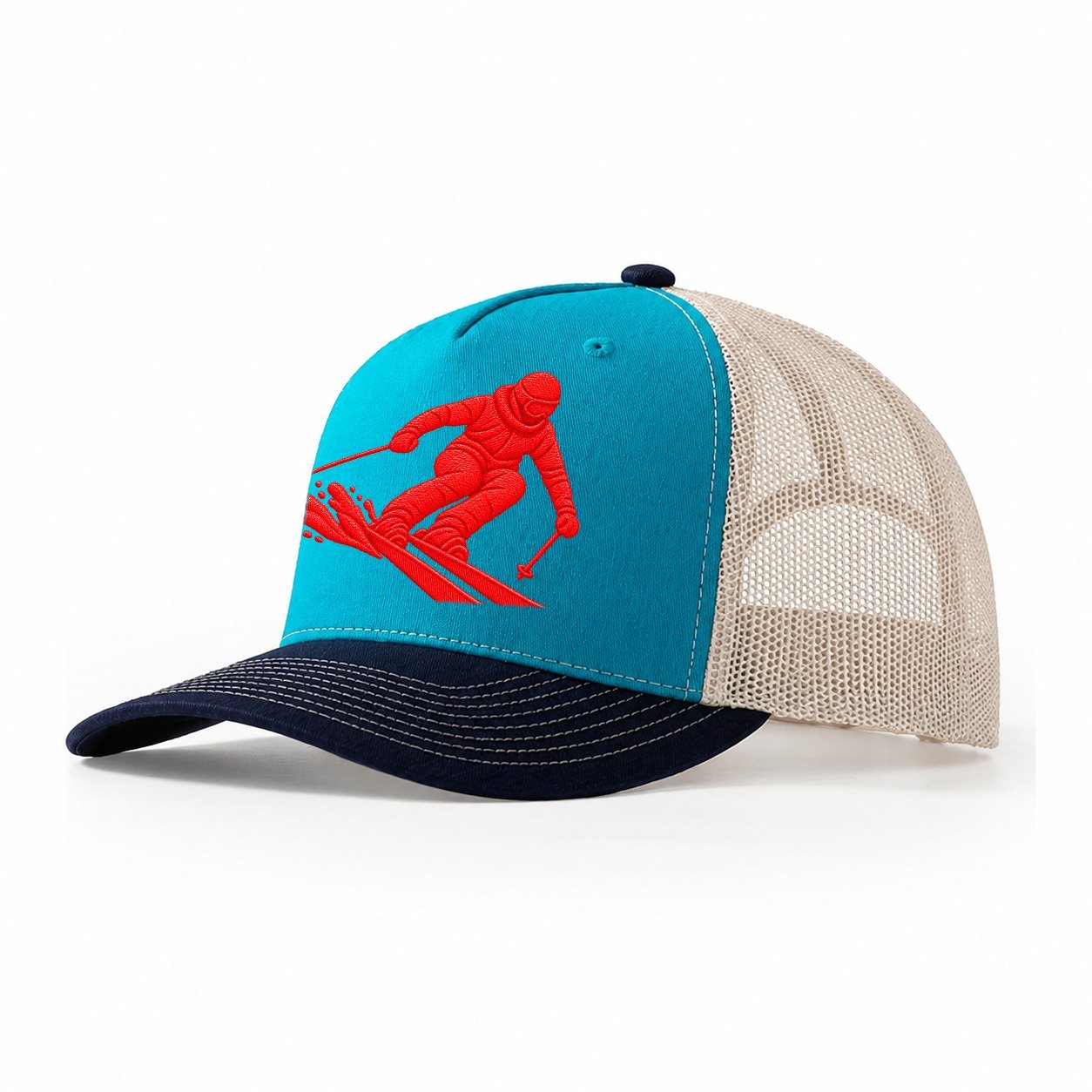 Alpine Skier Deep Carve Micro Motion Mark Trucker Hat – Teal-Navy