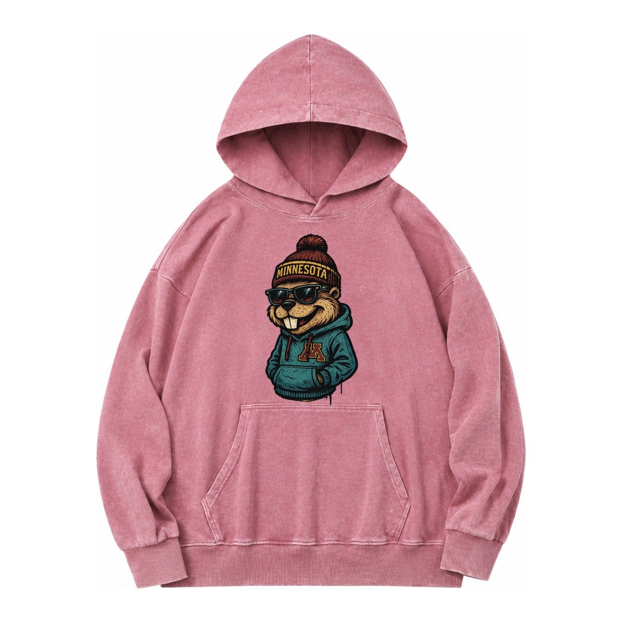 Minneapolis Gopher Wearing Minnesota Beanie With M Patch Vintage Washed Hoodie – Dusty Rose