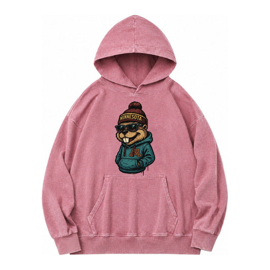 Minneapolis Gopher Wearing Minnesota Beanie With M Patch Vintage Washed Hoodie – Dusty Rose