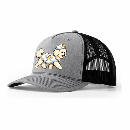One Bichon Frise In Halloween Costume Cloud Costume With Cotton Puff Texture And A Tiny Lightning Bolt Halloween Dog Parade Trucker Hat – Sport Grey Black