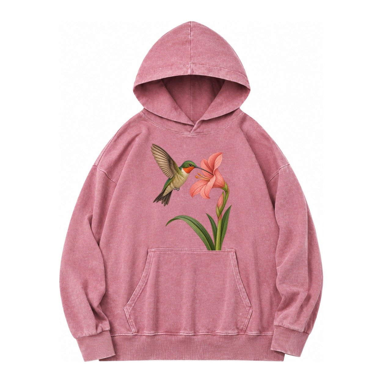 Hummingbird Haven Vintage Washed Hoodie – Dusty Rose