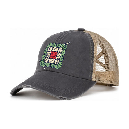 Granny Square Mosaic Yarn Crafts Women's Ponytail Trucker Hat – Charcoal Khaki