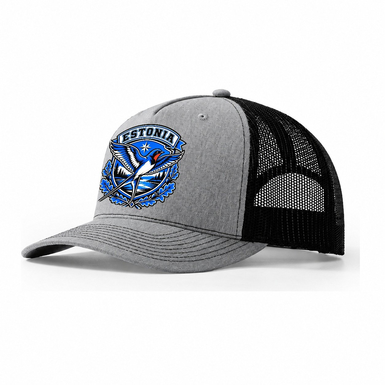 Estonia Retro Badge Country Logos Trucker Hat – Sport Grey Black