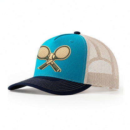 Embroidered Patch Design Tennis Racket Crossed Tennis Racket Trucker Hat – Teal-Navy