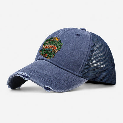 Camping Season Never Ends Retired Living Washed Trucker Hat – Navy
