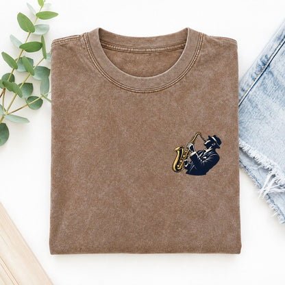Jazz Saxophonist Left Chest Vintage T-shirt – Brown