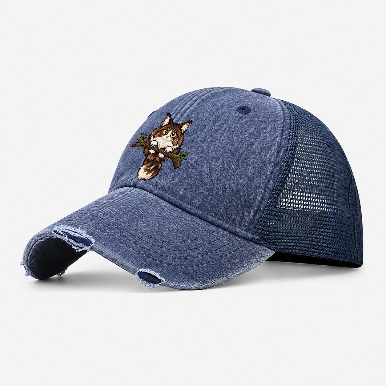 Norwegian Forest Cat Perched Peeking Cats Washed Trucker Hat – Navy