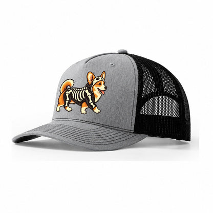 One Corgi In Halloween Costume Skeleton With Painted On Bones Halloween Dog Parade Trucker Hat – Sport Grey Black