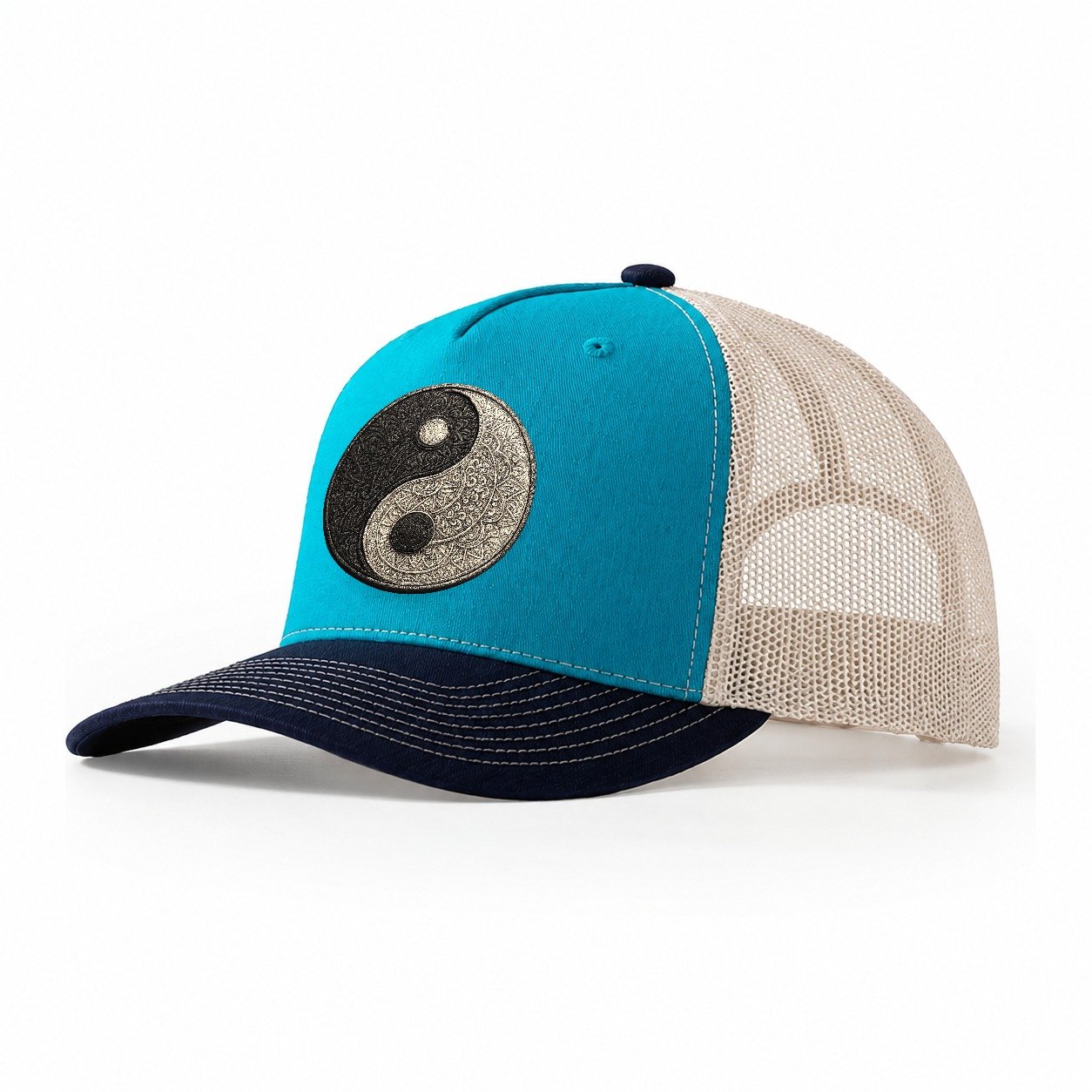 Mandala Yin Yang Pattern Design Trucker Hat – Teal Navy