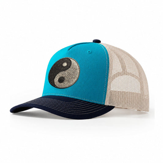 Mandala Yin Yang Pattern Design Trucker Hat – Teal Navy