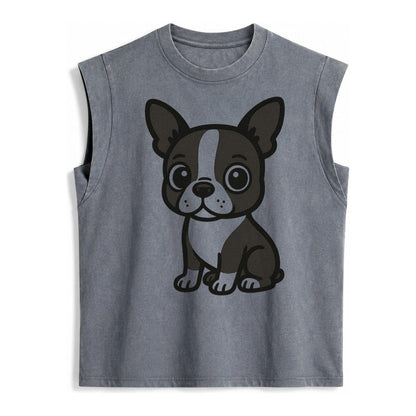 Boston Terrier Black And White Sitting Pose With Tuxedo Mark Vintage Washed Tank – Grey