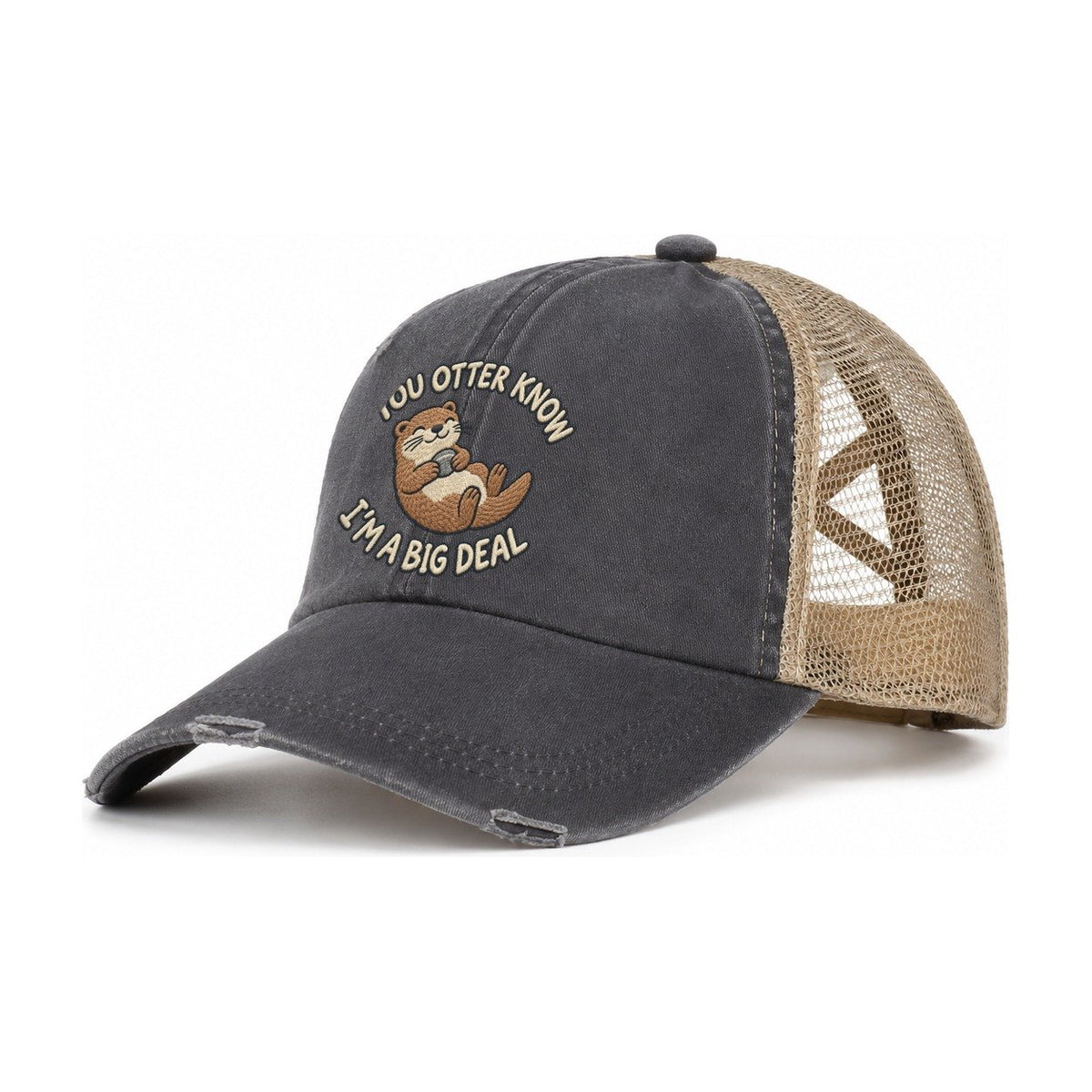 Otter Animal Puns Women's Ponytail Trucker Hat – Charcoal Khaki
