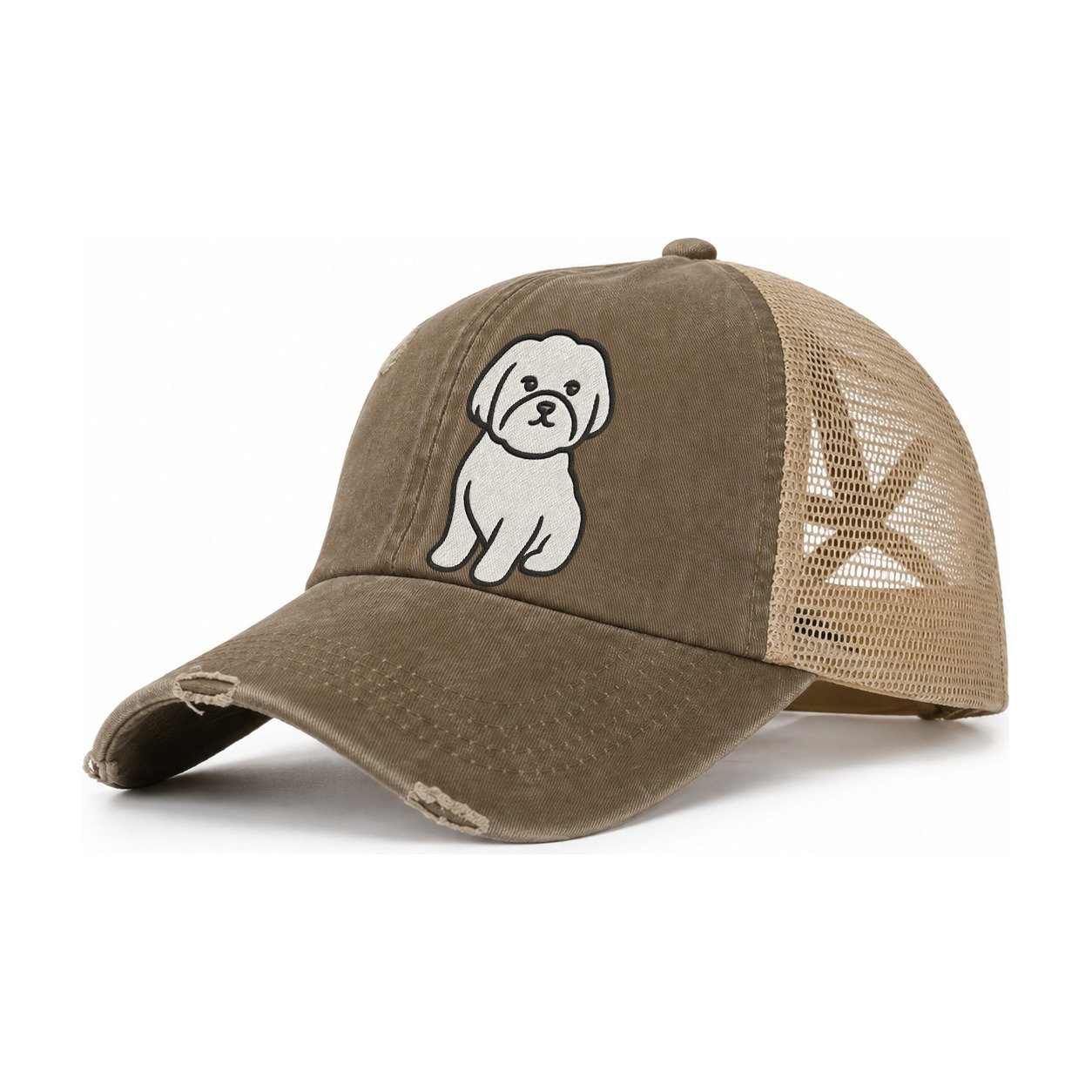 Maltese Pure White Fluffy Embroidered Design Women's Ponytail Trucker Hat – Coffee Khaki