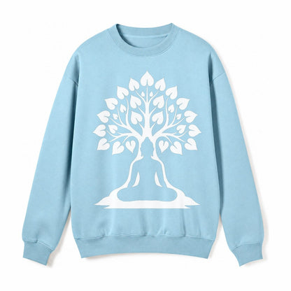 Buddha Silhouette Meditating Negative Space Forms Bodhi Tree Fleece Sweatshirt – Light Blue