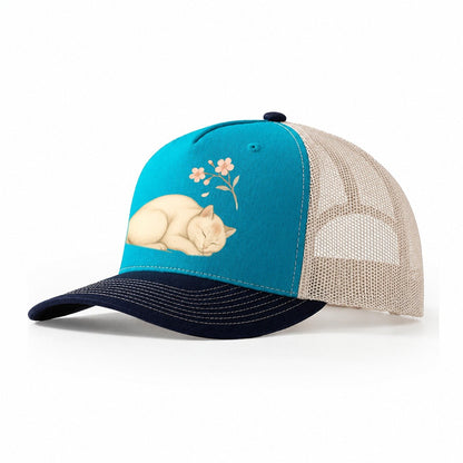 Zen Garden Cat Japanese Aesthetic Lying Peaceful Minimalist Trucker Hat – Teal-Navy